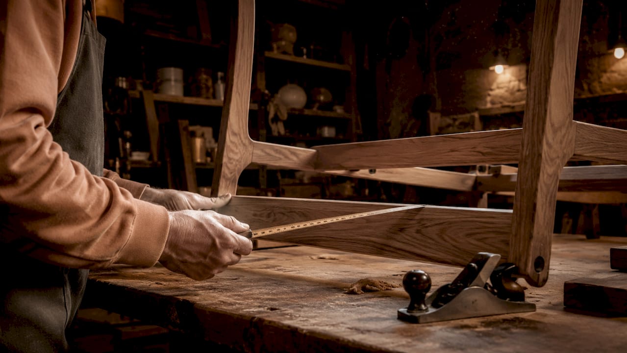 Craftsman inspecting hardwood sofa frame