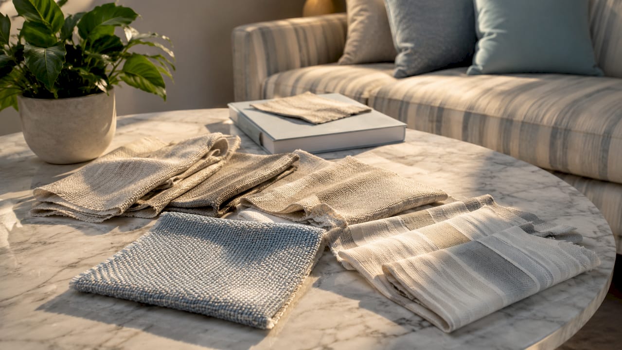 Various sofa fabric samples close-up