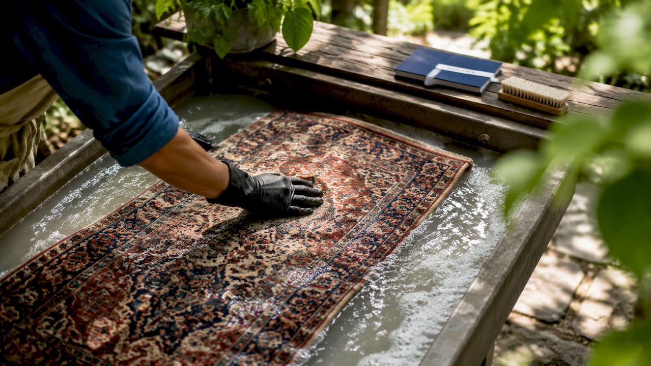 Close-up of immersion washing on luxury rug