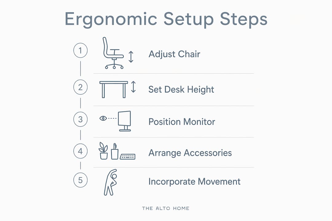 Infographic illustrating ergonomic home office setup steps