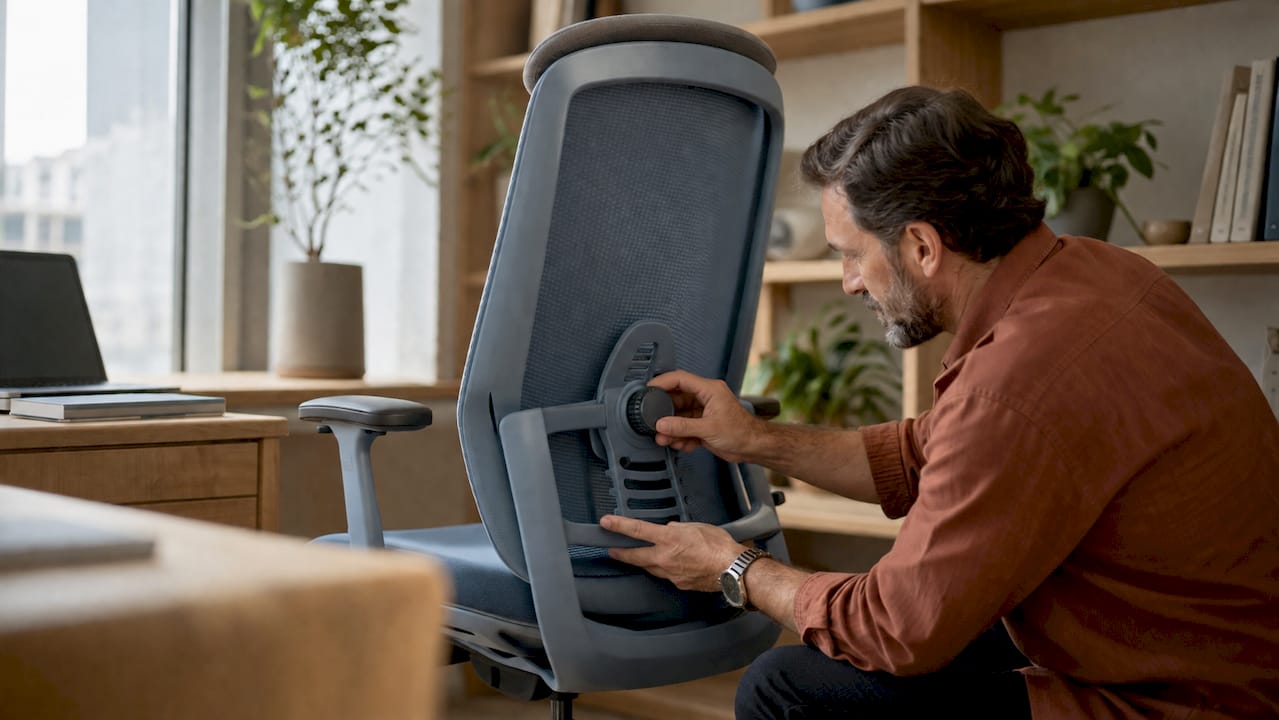 Hands adjusting ergonomic chair lumbar support