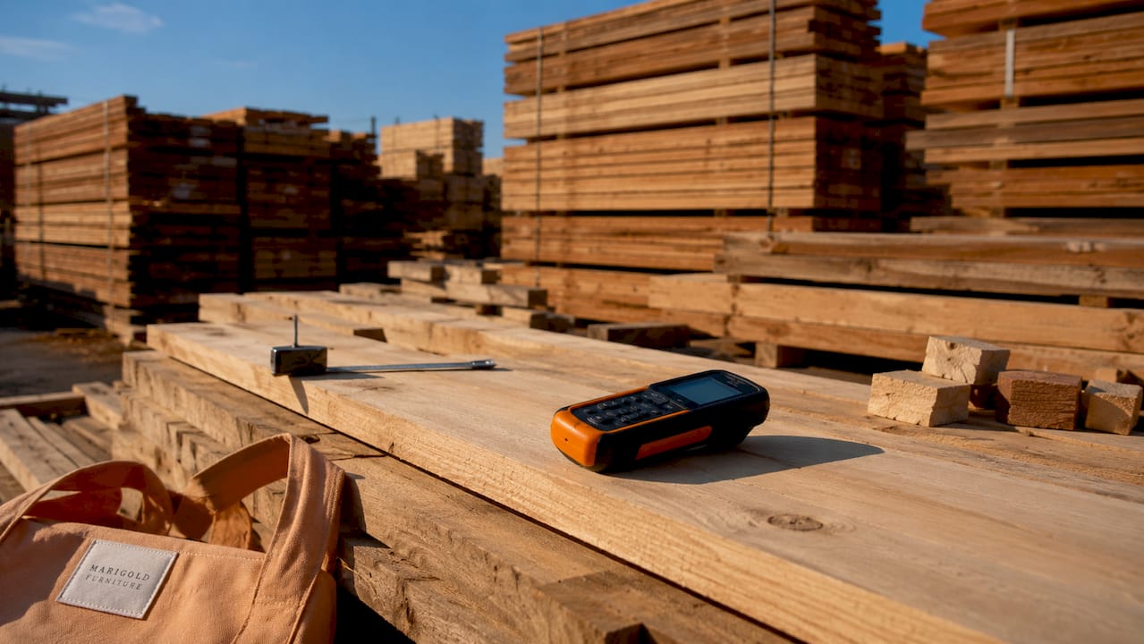 Stacked kiln-dried hardwood planks for sofa frame