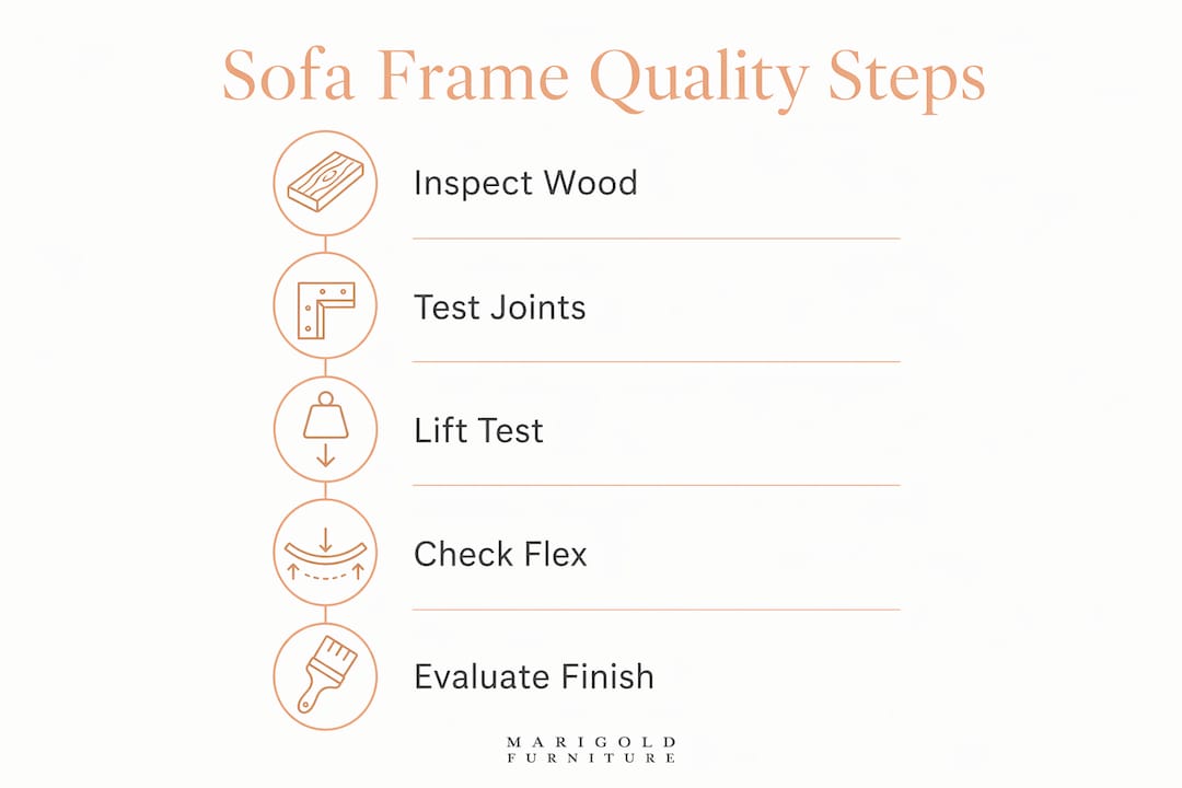 Infographic illustrating steps to evaluate sofa frame quality
