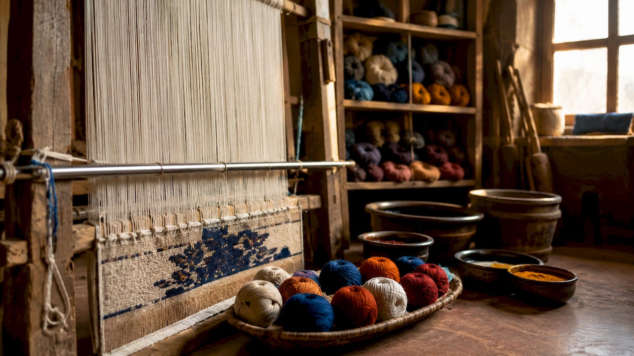 Overhead view of Tibetan knotting rod on loom