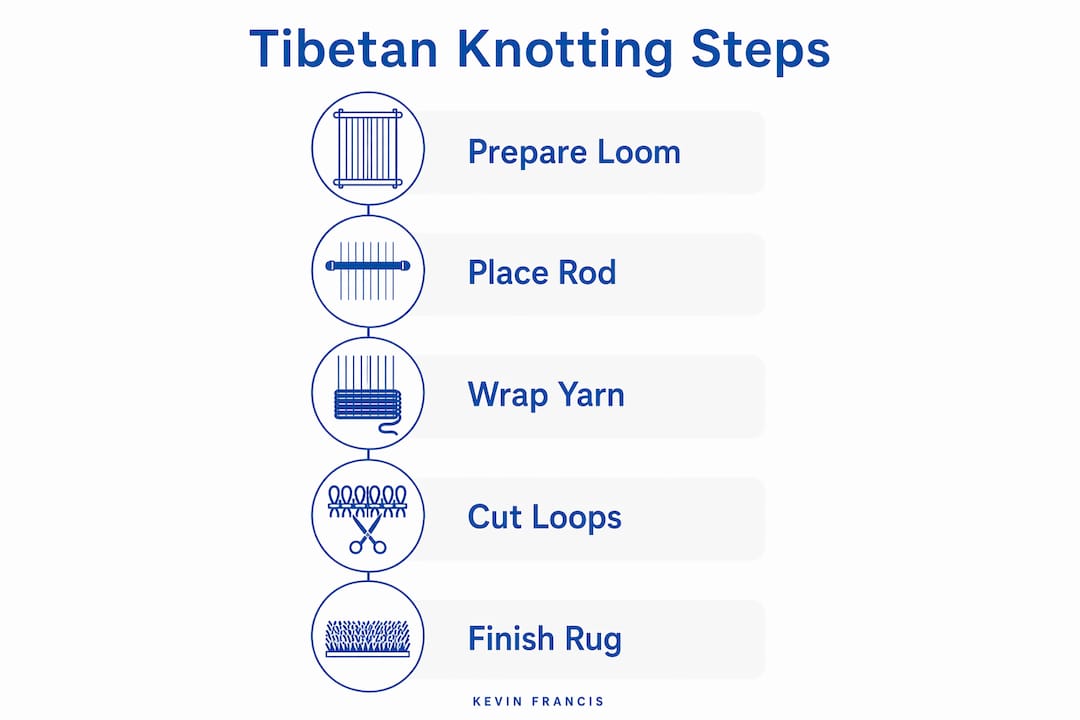 Infographic illustrating Tibetan knotting step process
