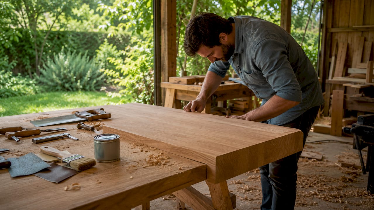 Hands working on premium hardwood desk surface