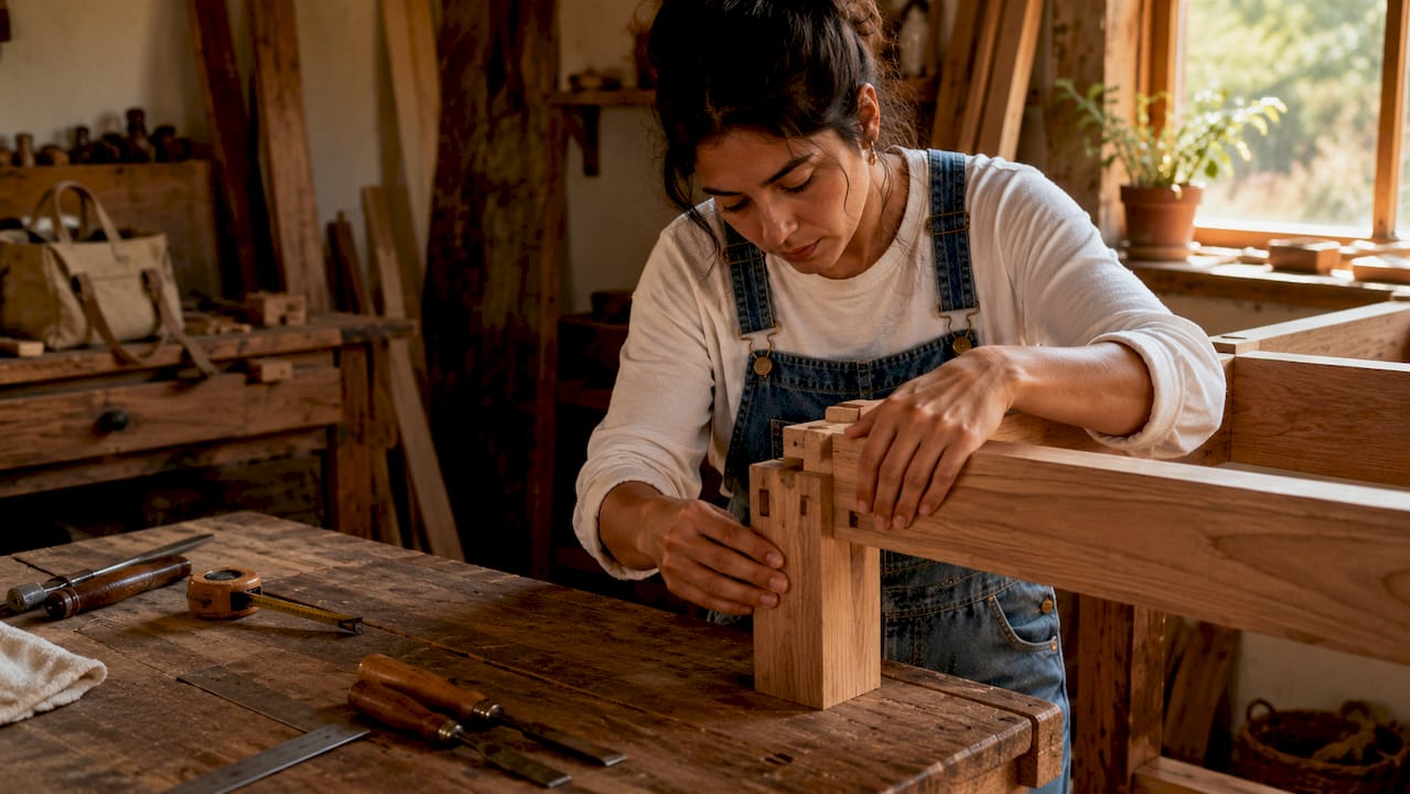 Woman assembling mortise-and-tenon joint