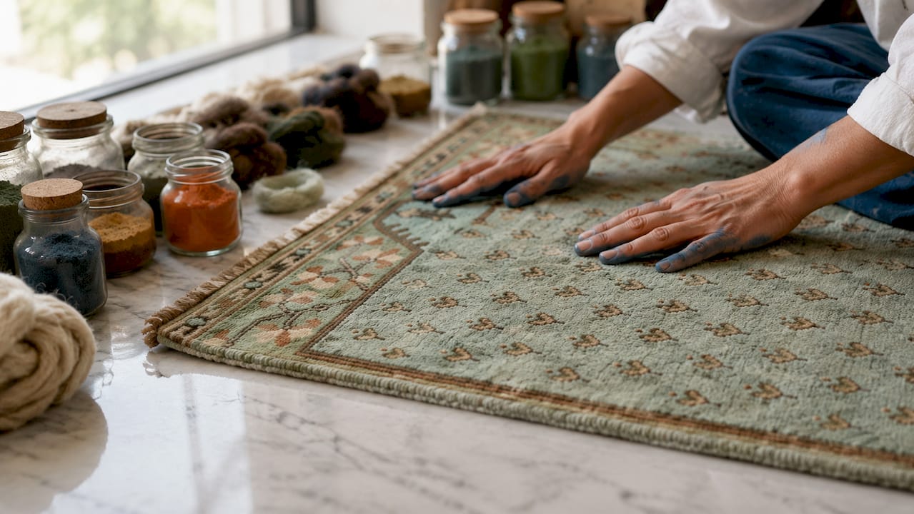 Close-up of wool rug texture and natural dyes