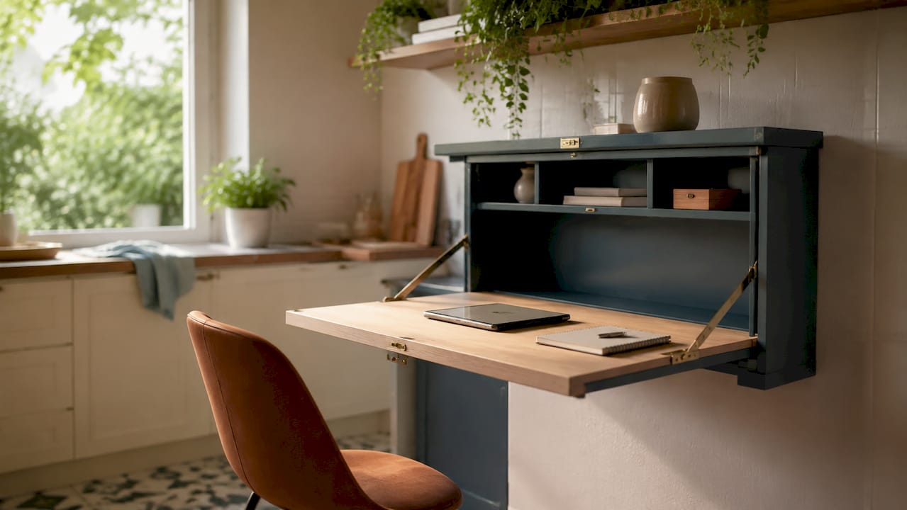 Top-down view of fold-down convertible desk
