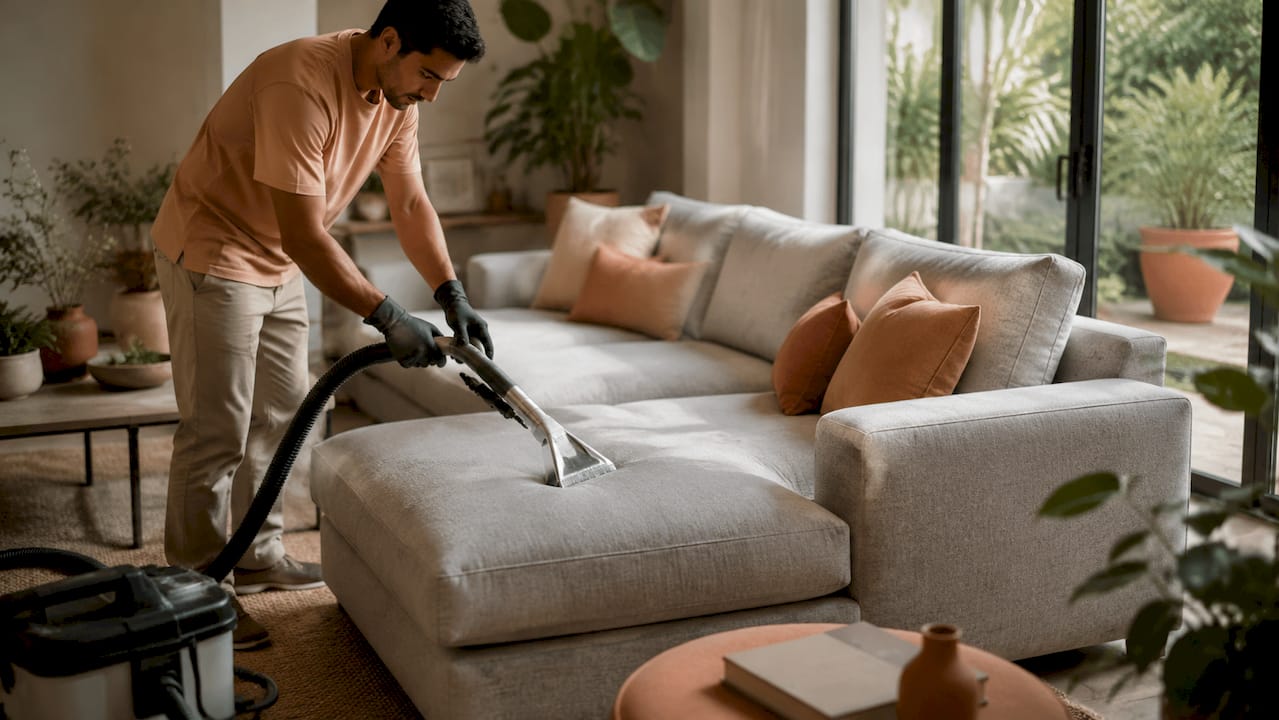 Hands using steam cleaner nozzle on sofa fabric