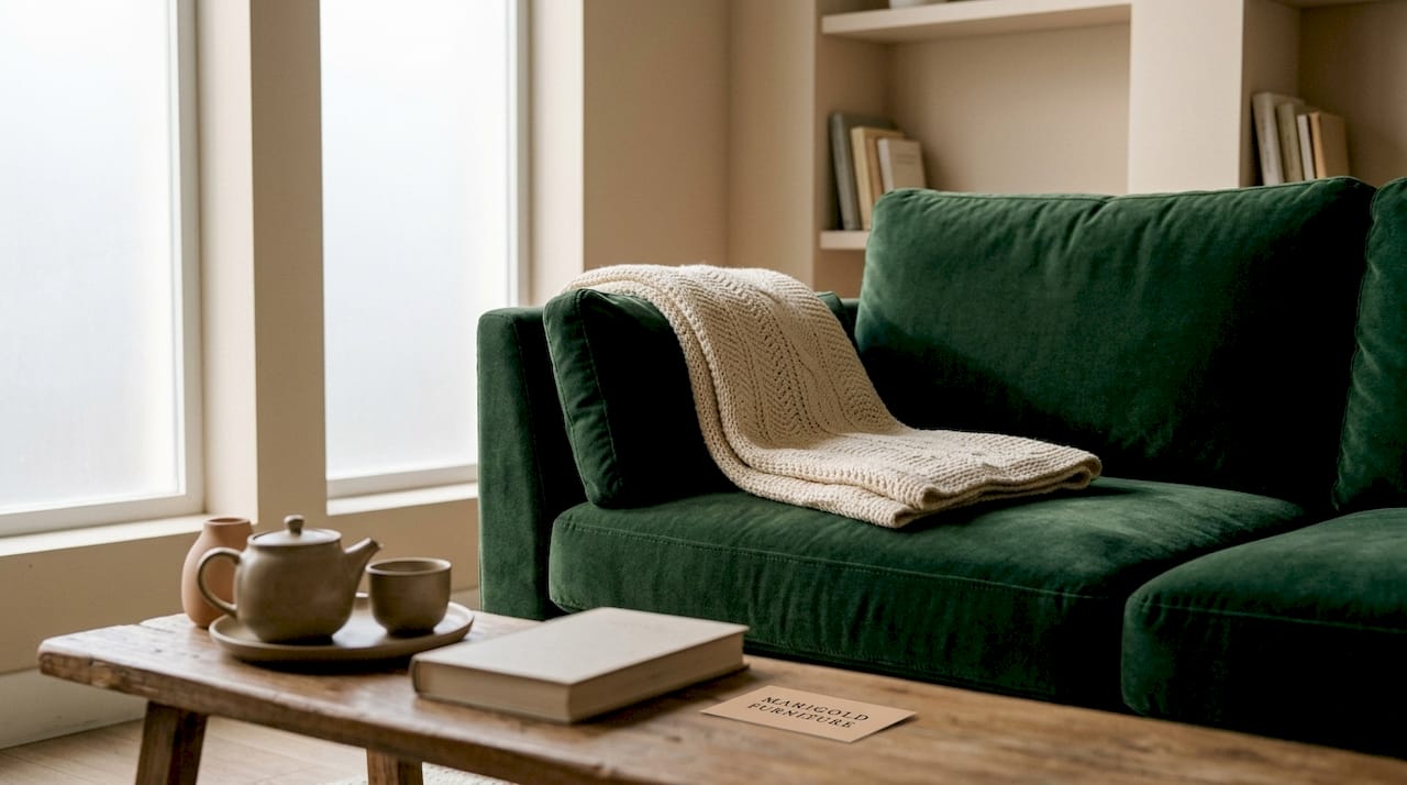 Close-up of velvet sofa texture and light