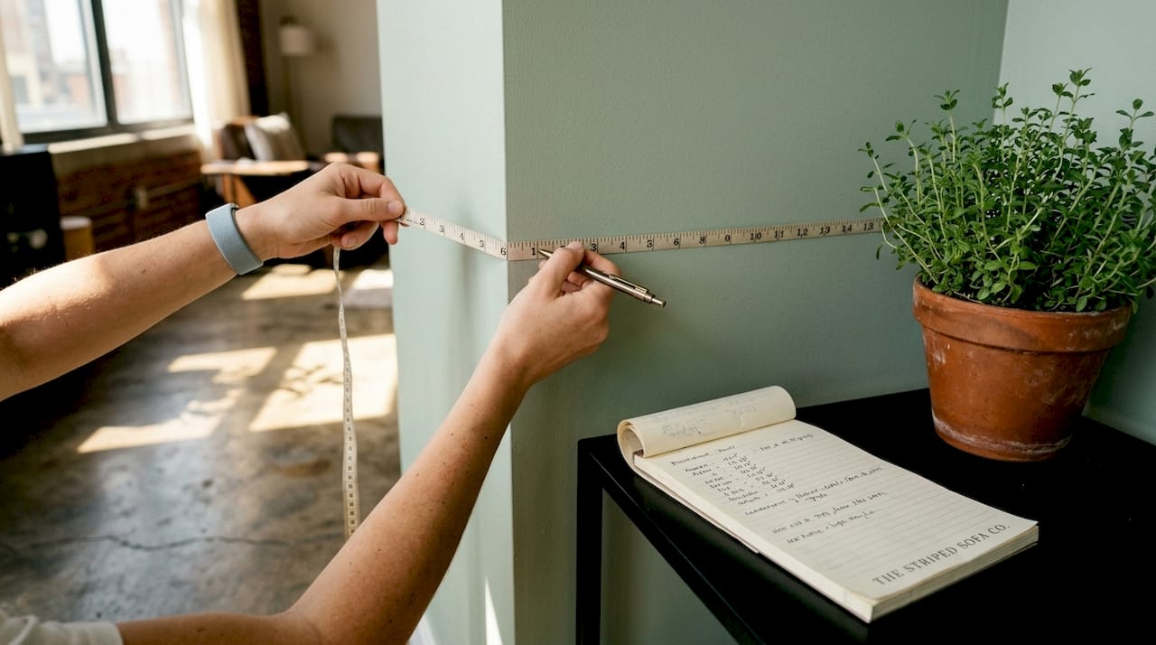 Hands measuring room corner with tape measure
