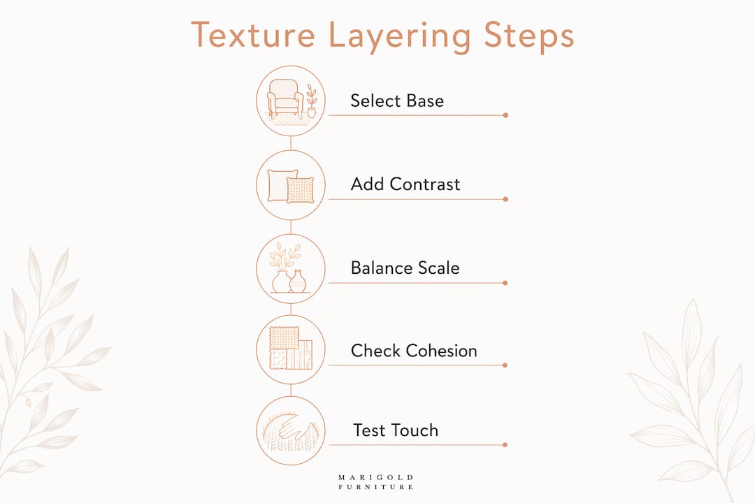 Infographic showing steps for layering upholstery textures