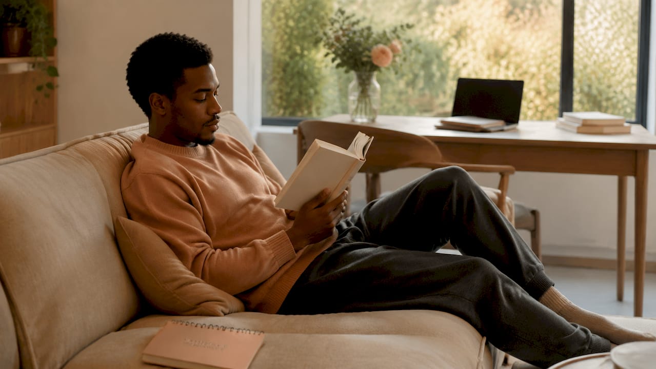 Man using tablet on microfiber fabric sofa, side view
