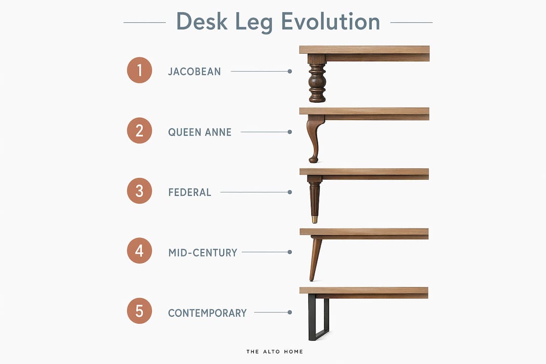 Infographic illustrating desk leg design evolution stages