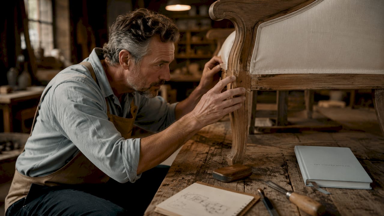 Man inspecting furniture frame for defects in workshop