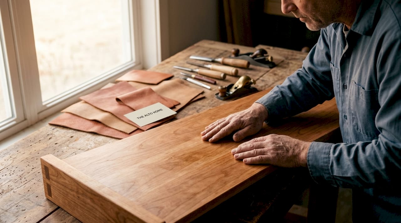 Hands inspecting solid walnut wood desk surface