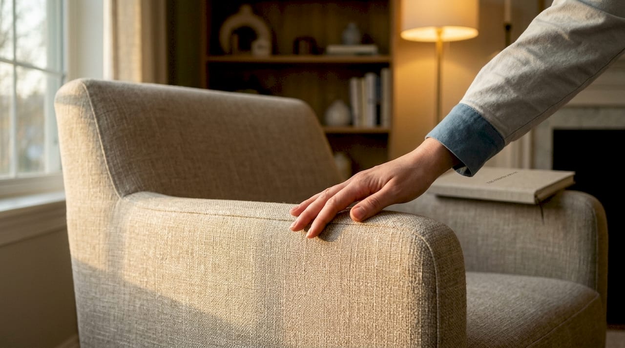 Close-up of hand touching textured upholstery fabric