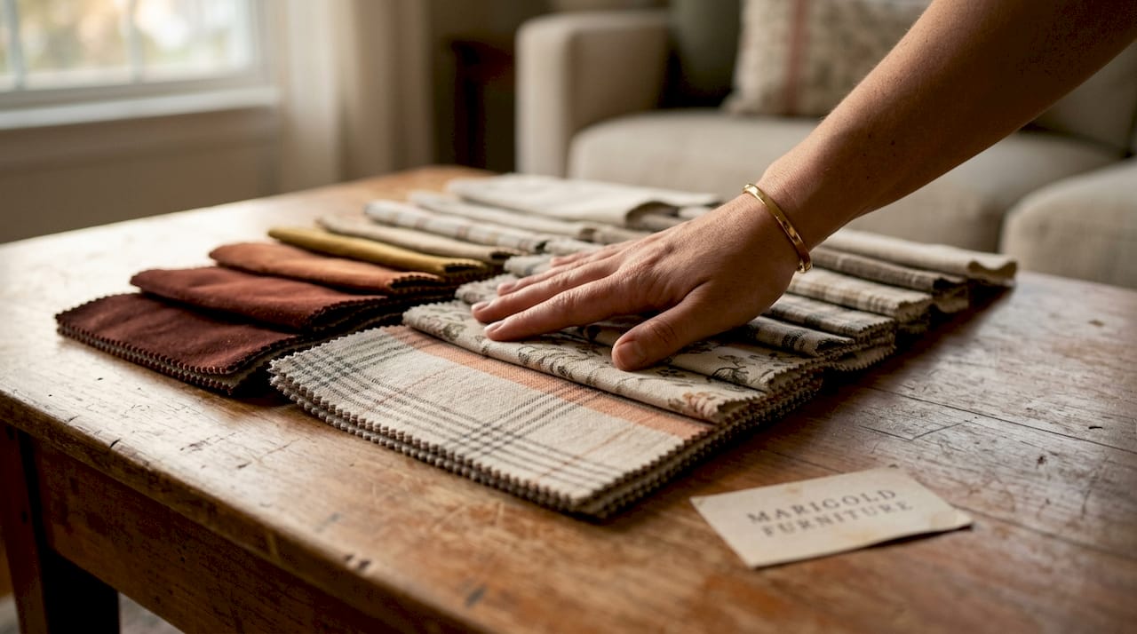 Hand holding diverse sofa fabric samples on table