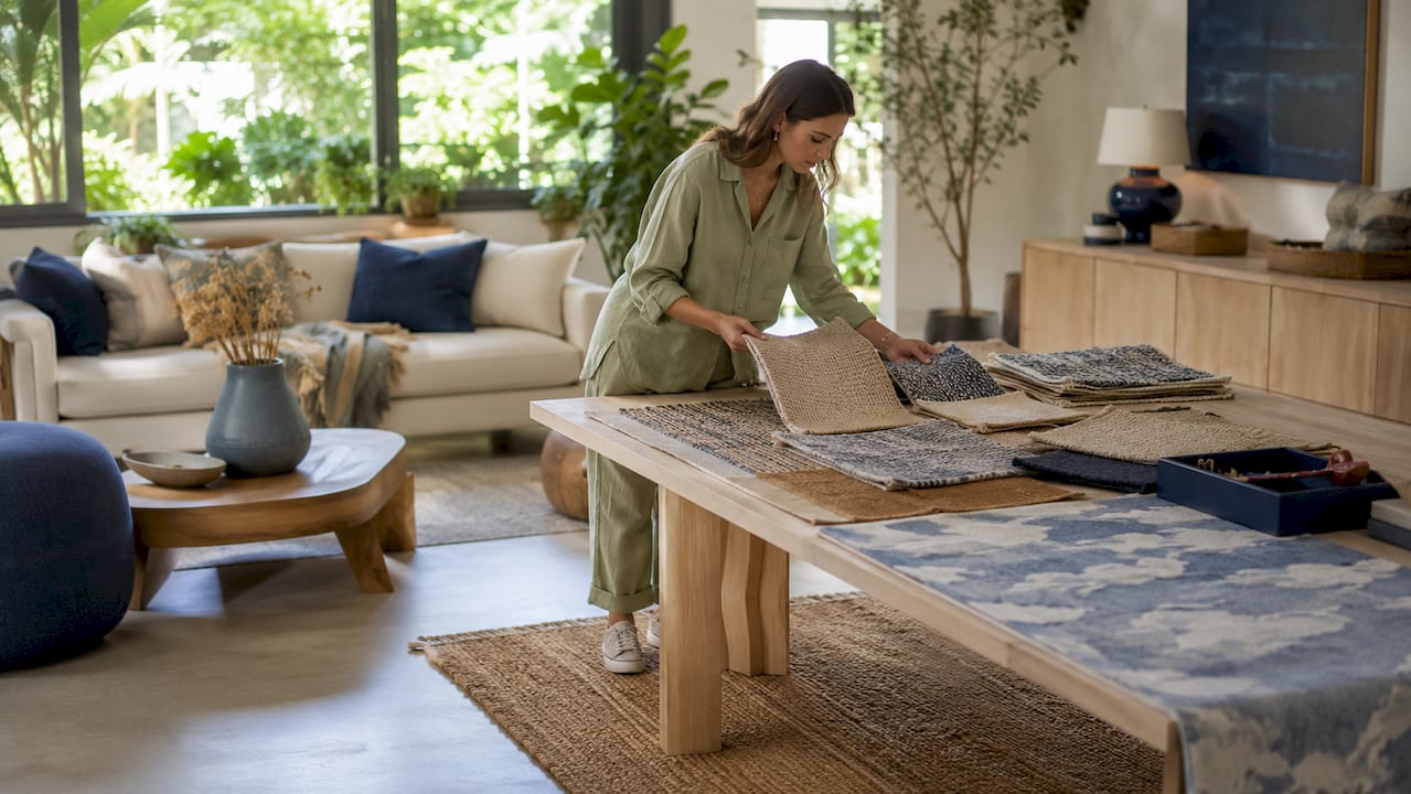 Hands touching flat-weave jute rug sample