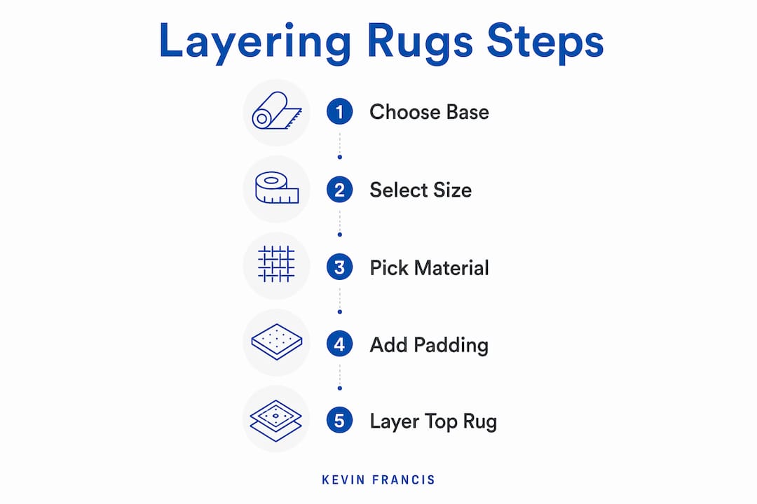 Infographic showing step-by-step layering rugs guide
