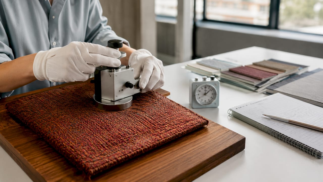 Close-up of fabric abrasion test in lab
