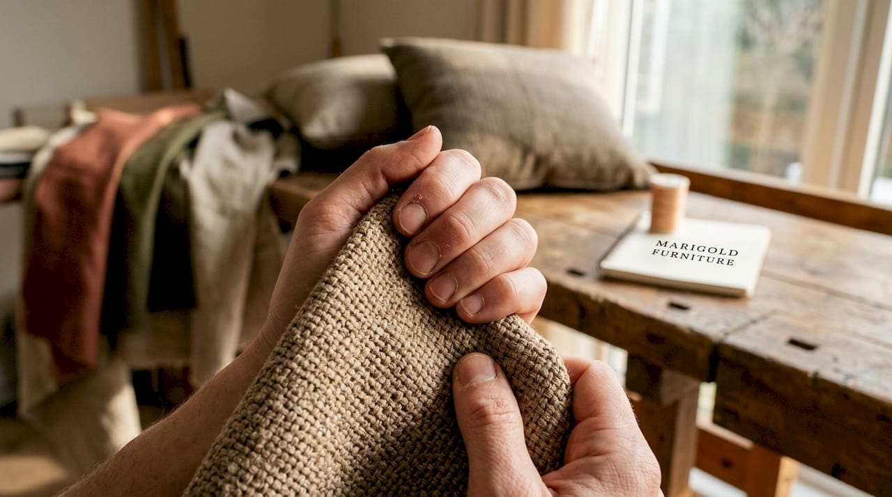 Hands holding coarse sofa decking fabric close-up