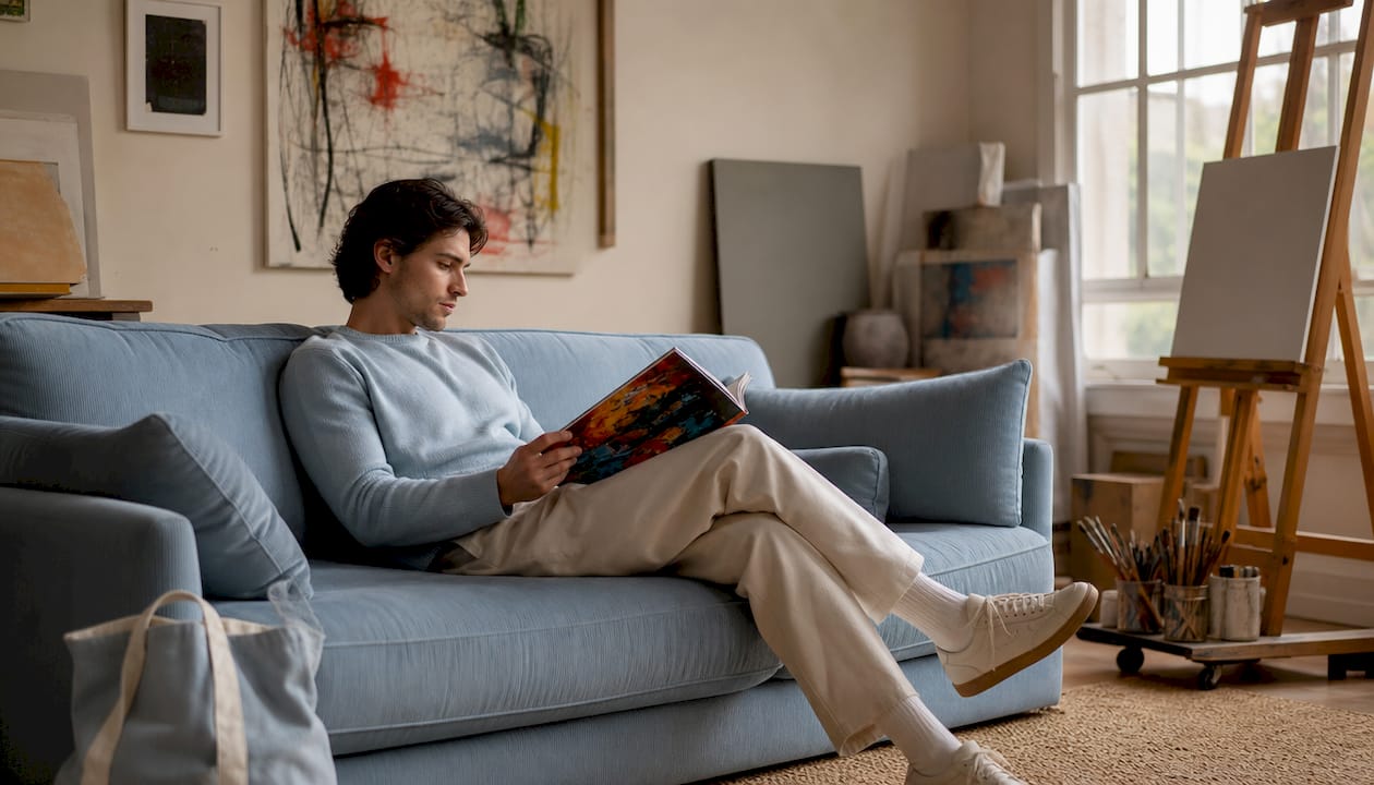 Man reading on green sofa in bright room