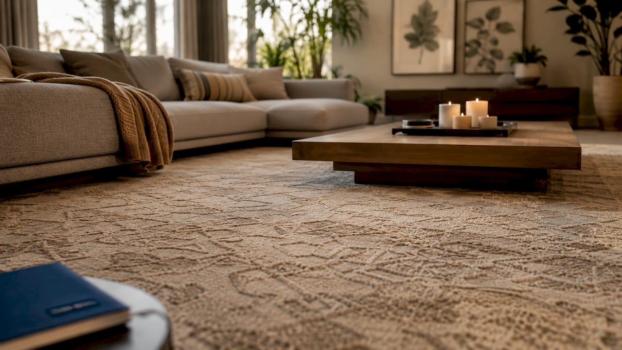 Overhead view of staged living room with rug