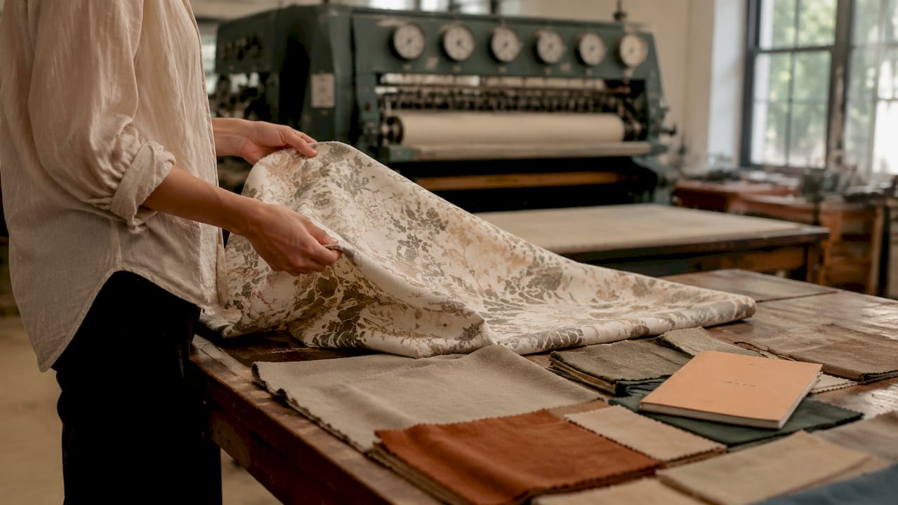Hands testing floral fabric durability