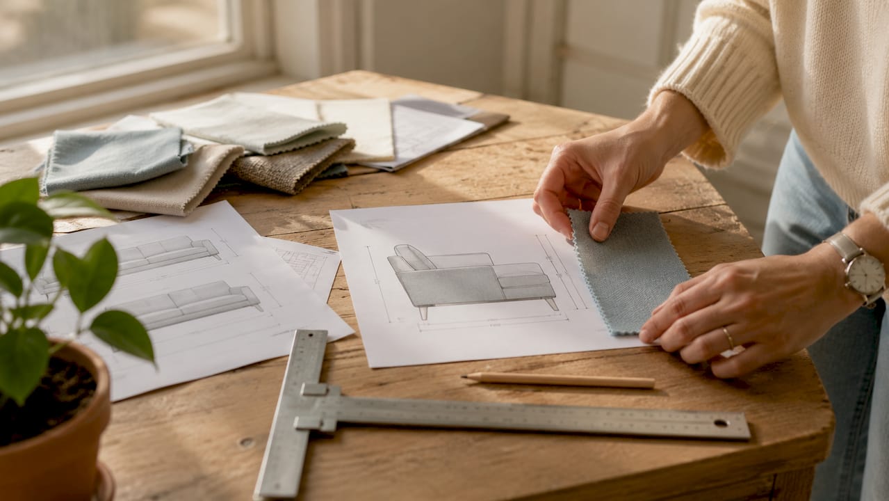 Hands pointing at sofa profile diagrams on table