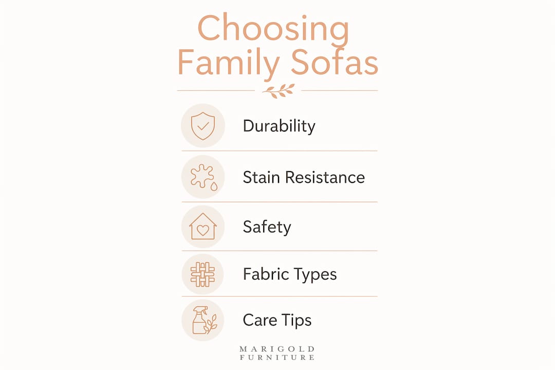 Infographic showing steps for choosing family-friendly floral sofa fabric