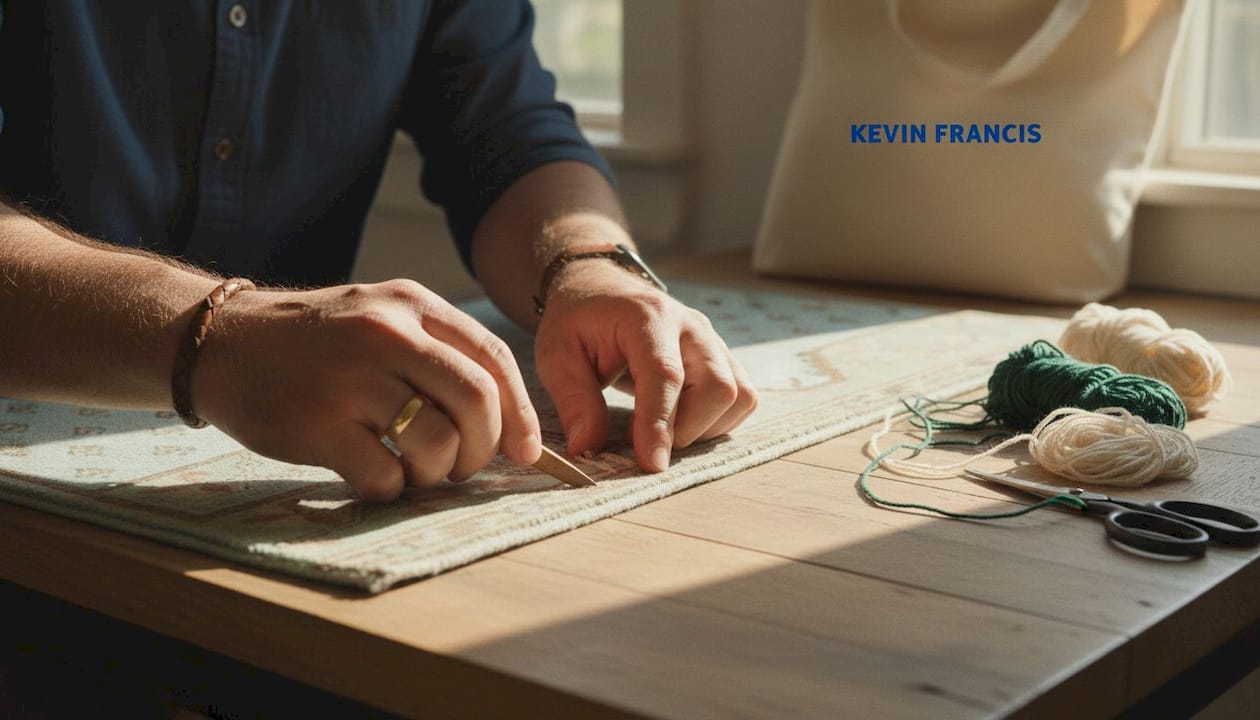 Craftsman inspecting rug knot density close-up