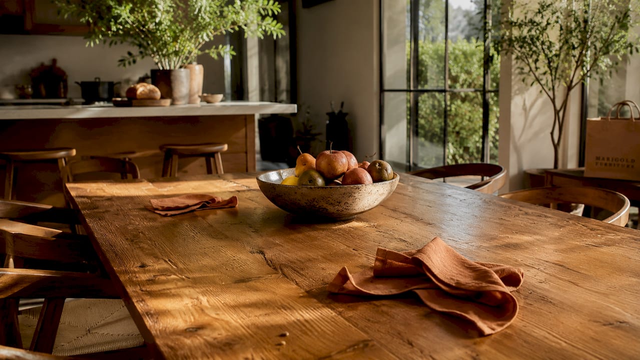 Close-up of walnut wood tabletop with natural finish
