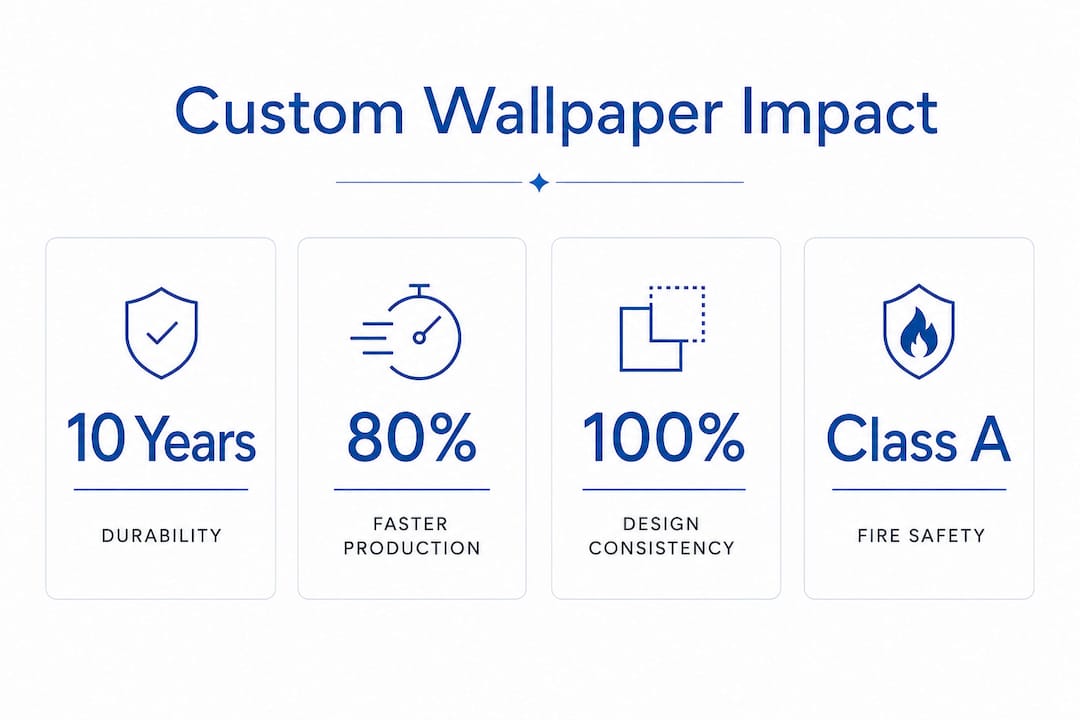 Infographic showing key benefits and technology of custom hotel wallpaper