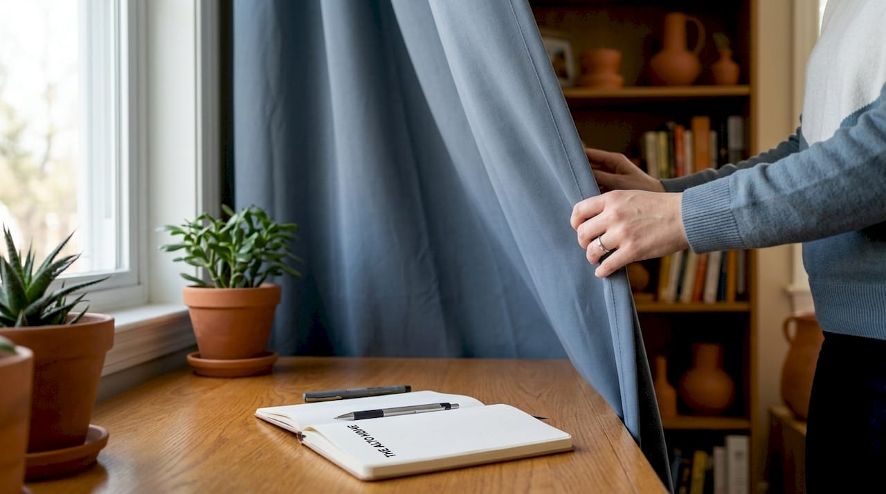 Hands setting a curtain boundary near workspace