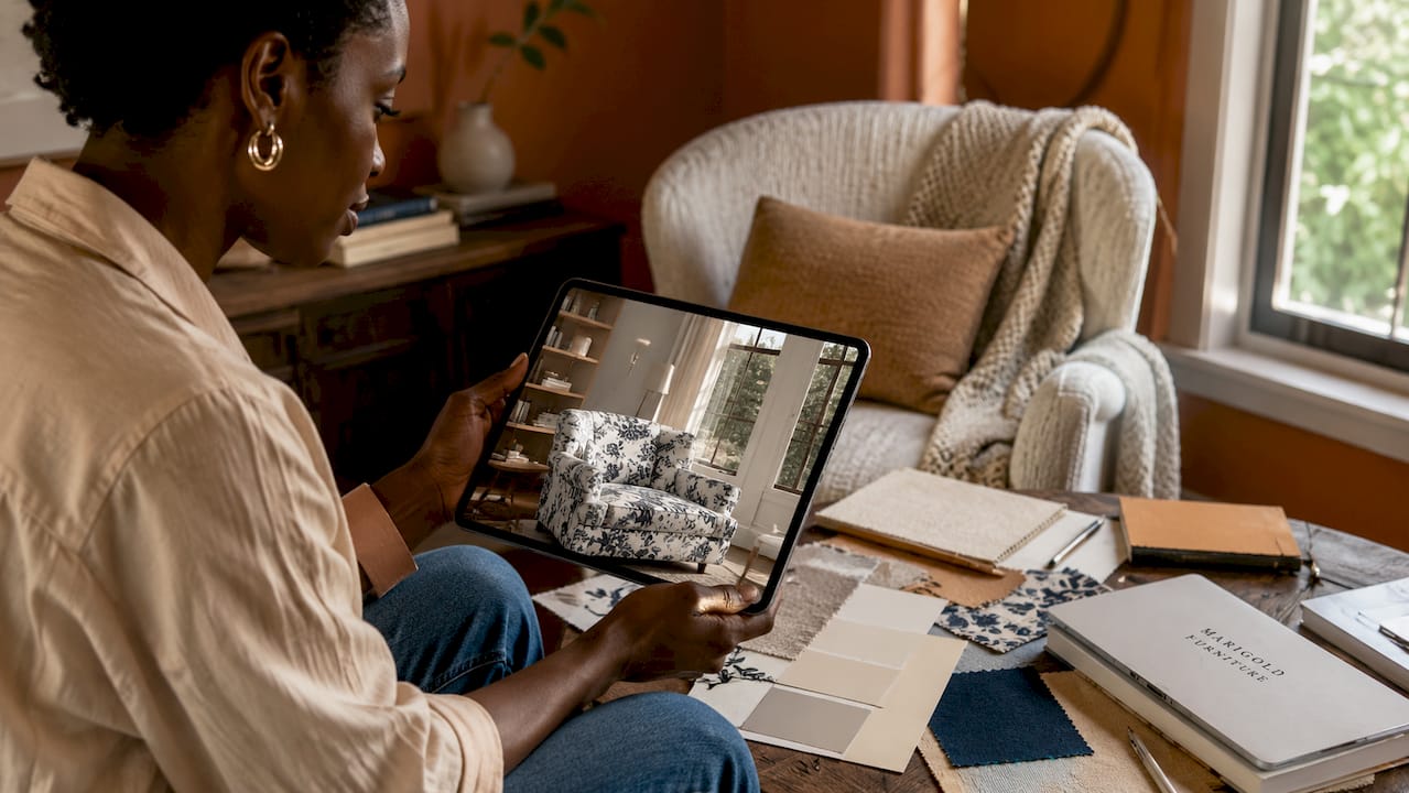 Interior designer evaluating floral patterns on tablet