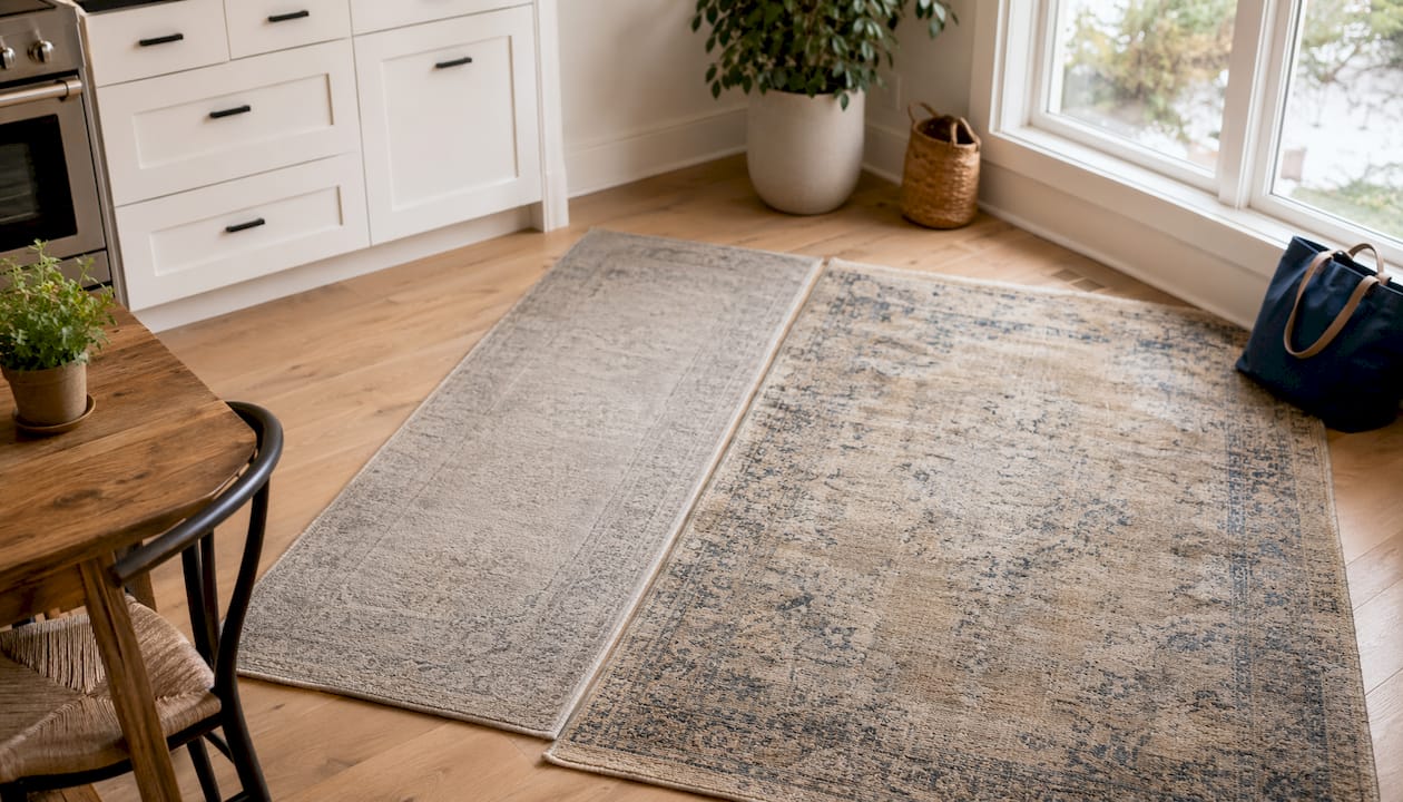Side by side handmade and machine-made rugs contrasted