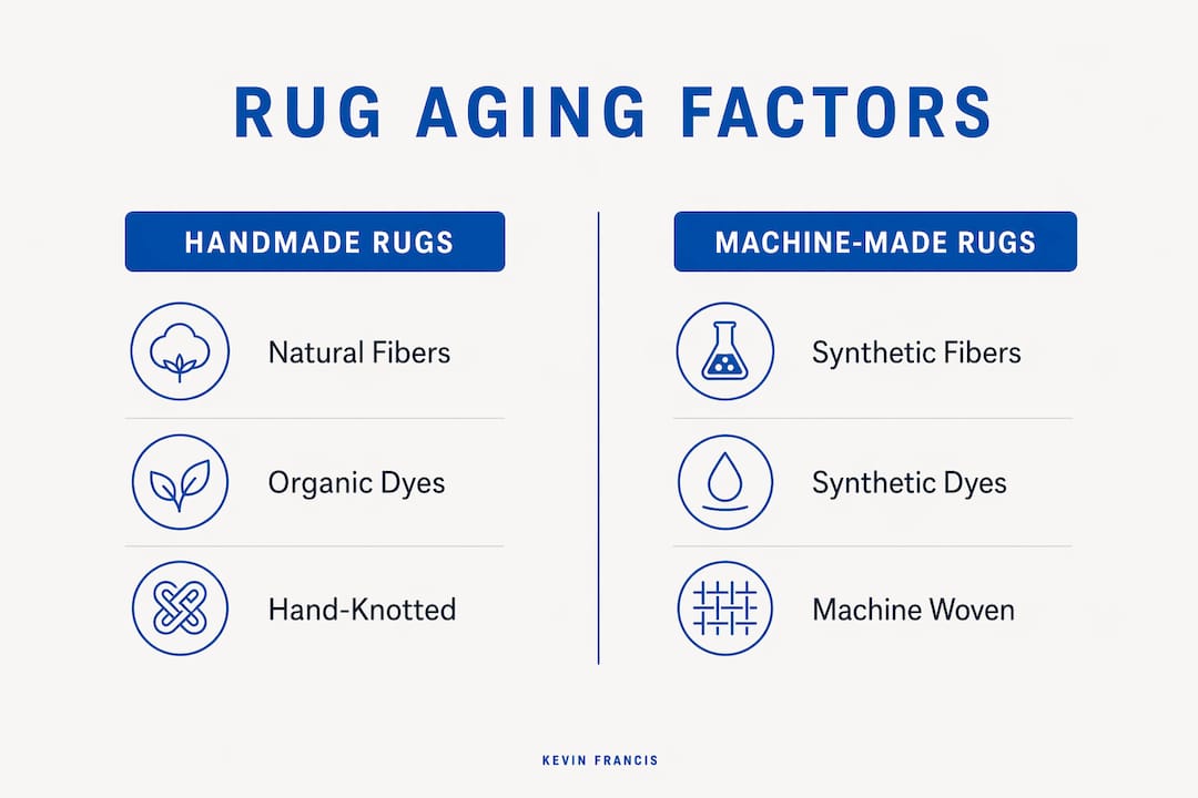 Infographic comparing handmade and machine-made rug aging factors