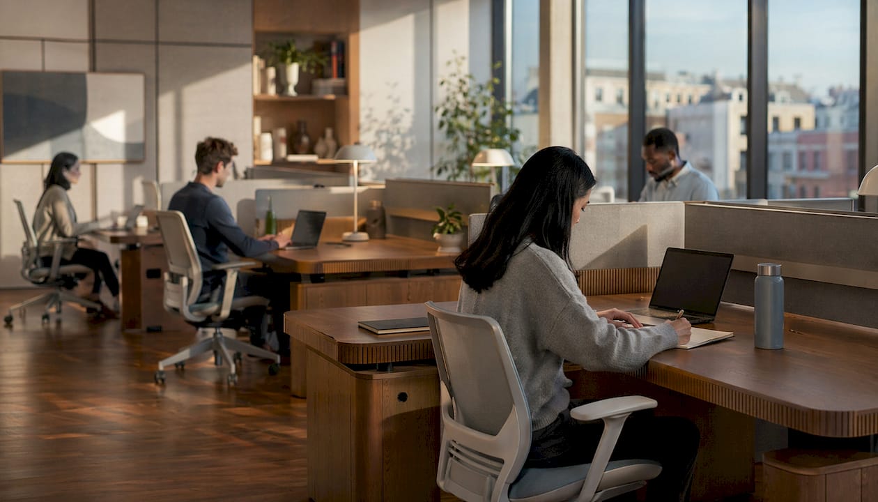 Overhead view of open plan desks with clearance and acoustic panels