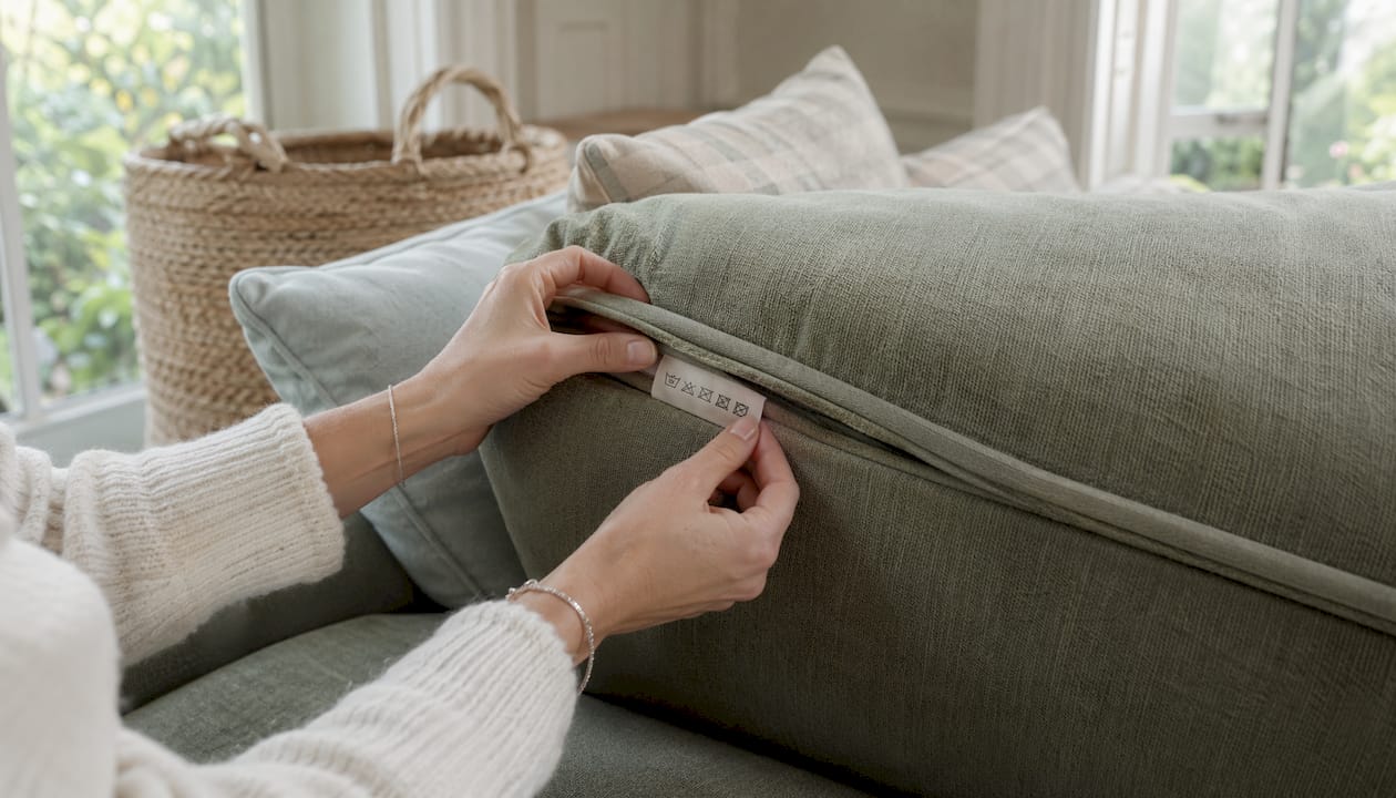 Hands holding sofa fabric cleaning code label