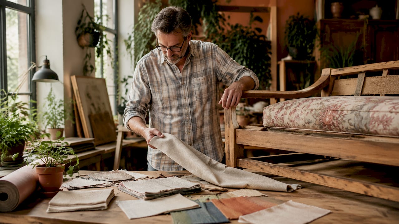 Upholsterer inspecting sofa fabric and frame samples