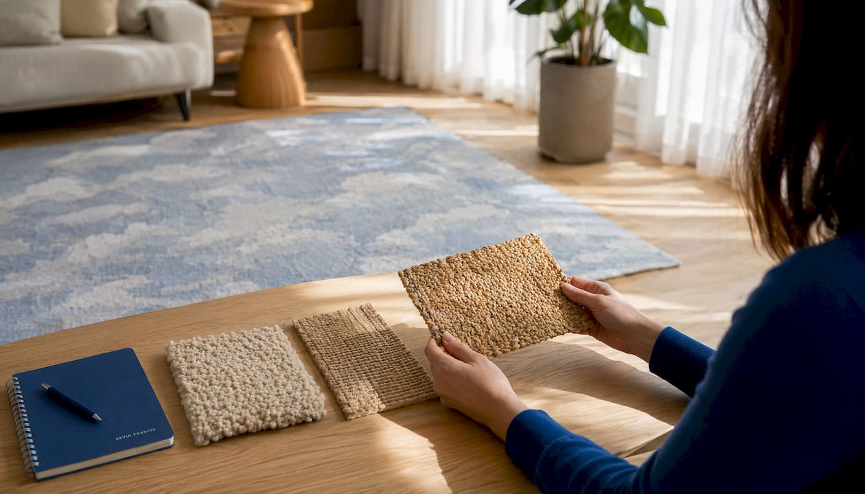 Close-up of hands examining natural fiber rug samples