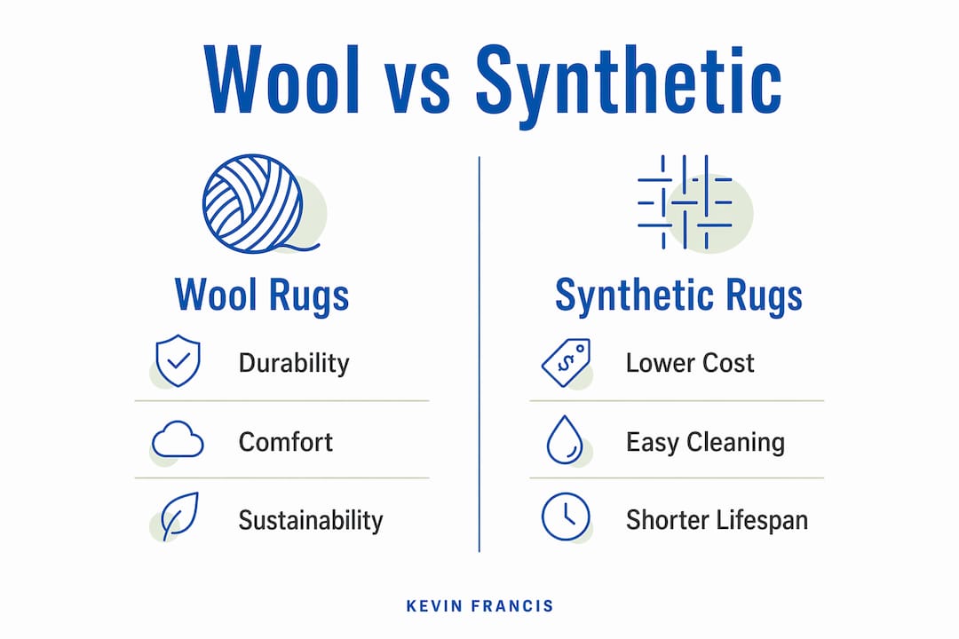 Infographic comparing wool and synthetic rug features