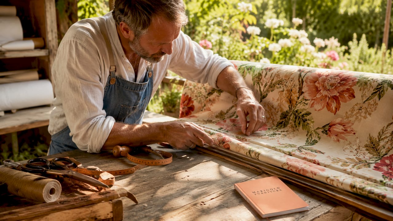 Upholsterer tailoring chintz sofa fabric in workshop