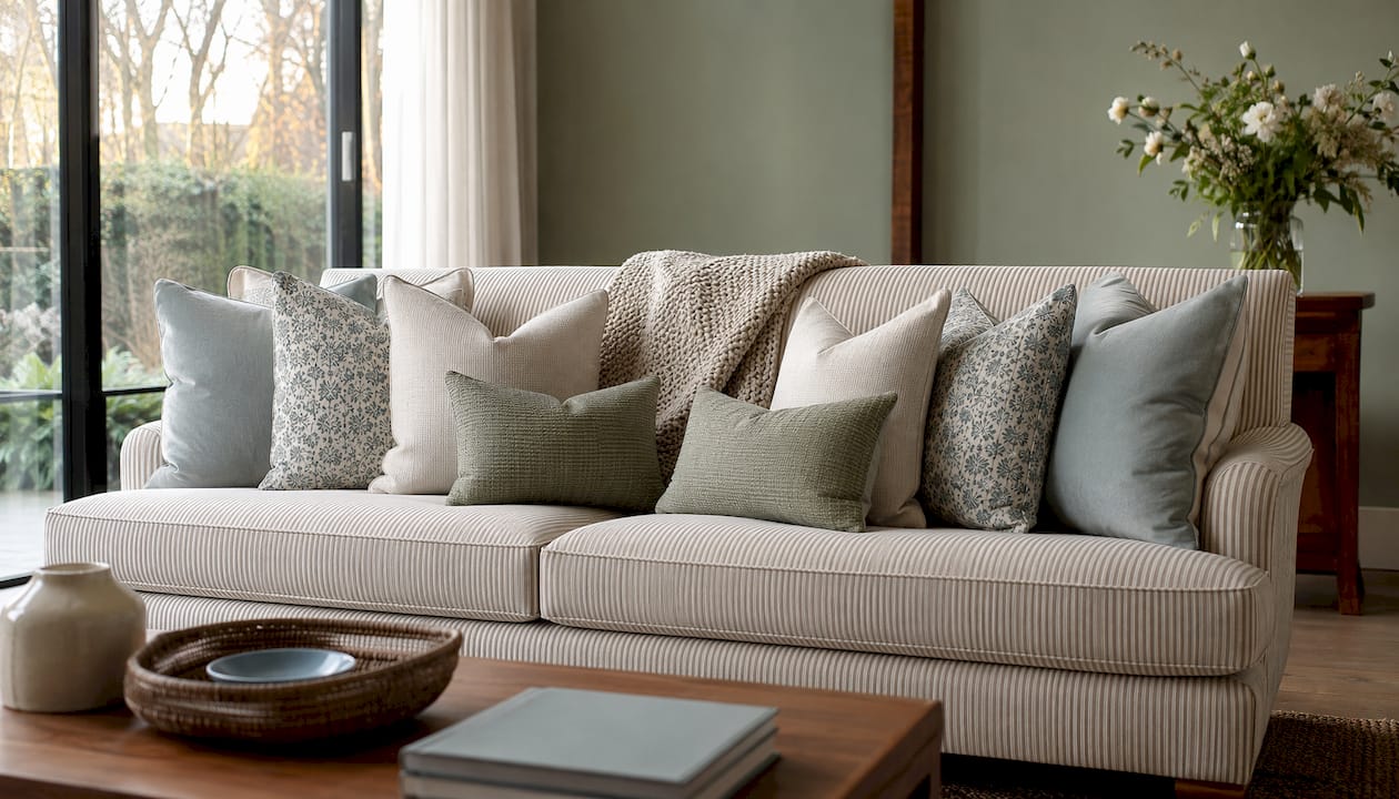 Close-up of styled sofa with throw pillows arrangement