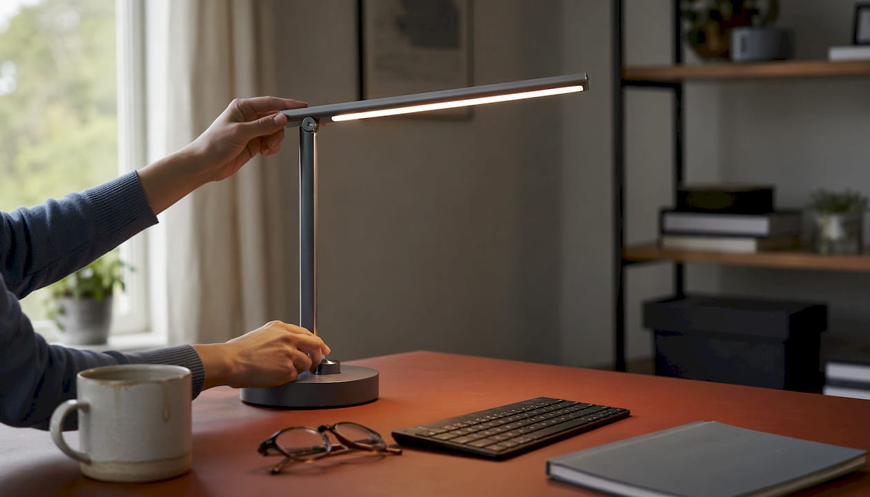 Hands adjusting tunable desk lamp lighting