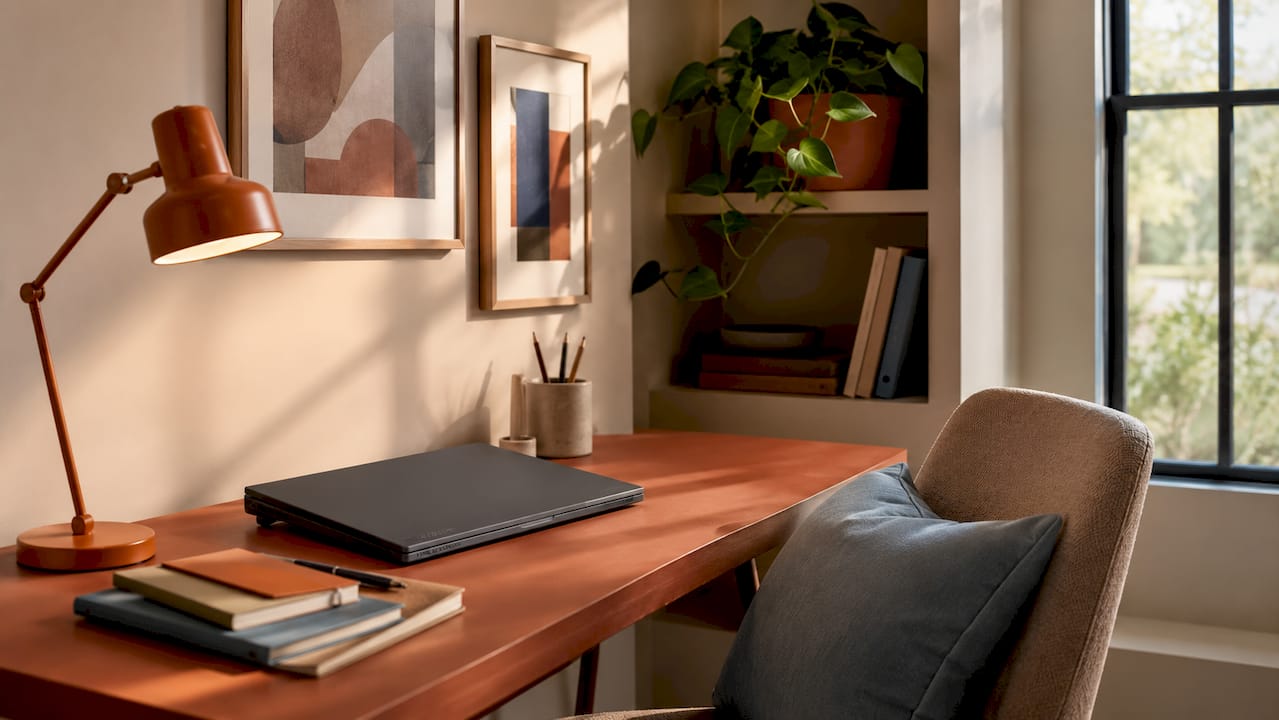 Ergonomic desk with terracotta and yellow accents
