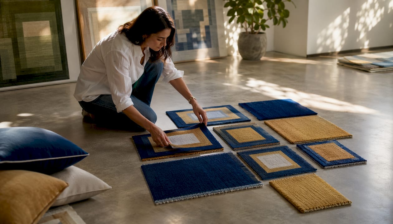 Hands arranging complementary colored rug samples overhead view