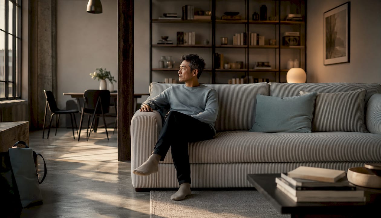 Man sitting on sofa dividing open living space